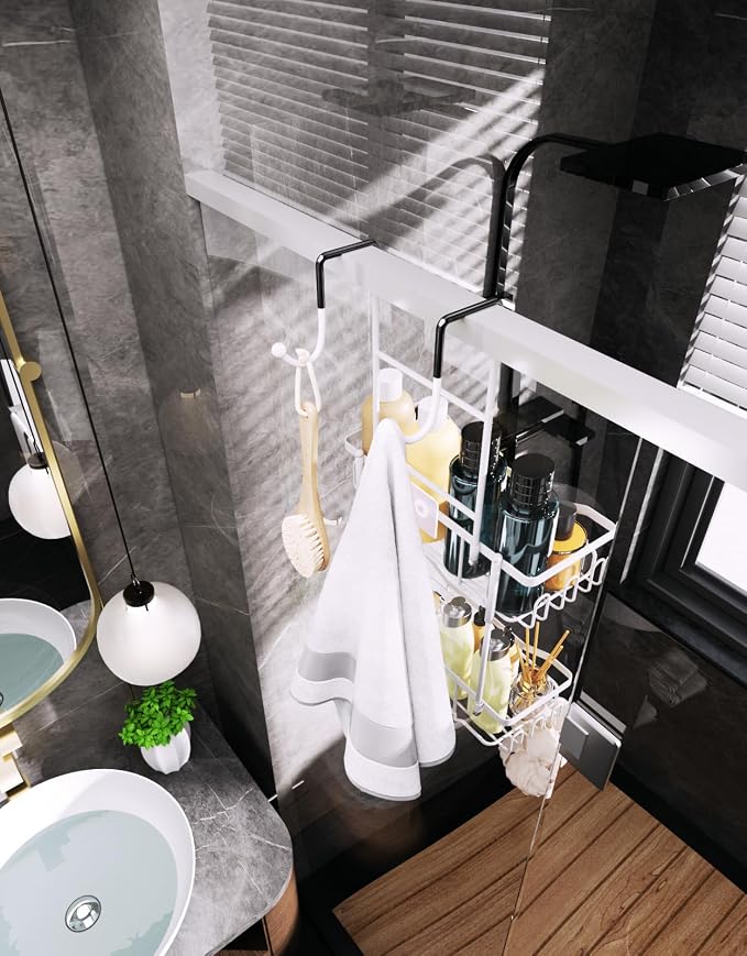 HapiRm Hanging Shower Caddy Over the Door with Soap Holder, No Drilling Adhesive Shower Organizer with 11 Hooks, Rustproof & Waterproof 304 Stainless Steel Bathroom Shelves - White