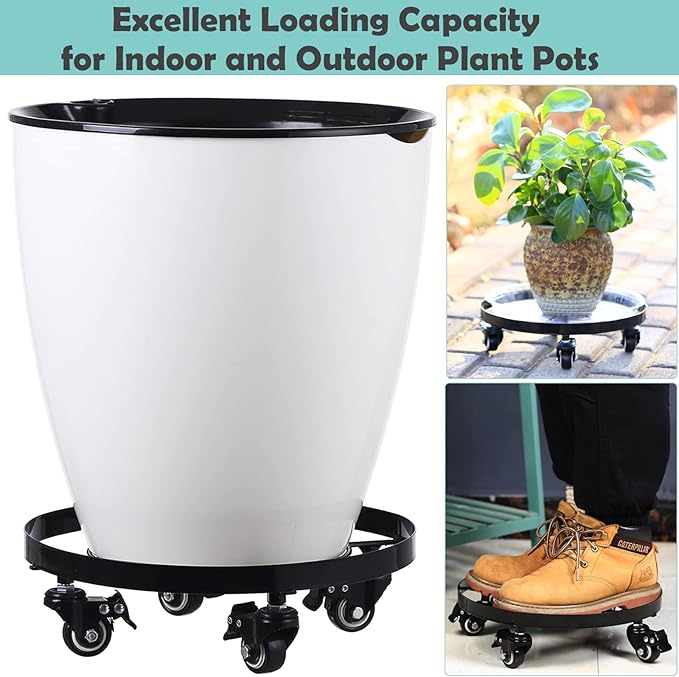 Planterhoma 2 Packs Extra-large 16 Inch Metal Plant Caddy Plant Dolly with Wheels Heavy-Duty Wrought Iron Rolling Plant Stand with Casters for Indoor and Outdoor Plant Pot Rollers Black