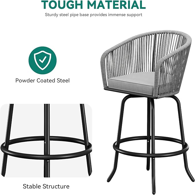 YITAHOME Counter Height Bar Stools Set of 4, Outdoor Bar Stools with Soft Cushions, Patio Rattan Swivel Bar Chairs for Backyard Poolside, Garden w /360 Rotation (Gray)