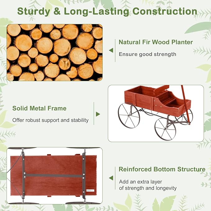 Wooden Wagon Planter, Decorative Flower Pots w/ 2 Planting Sections, Wheels & Handle, Rustic Farmhouse Garden Planter Box for Patio, Yard, Porch (Red)