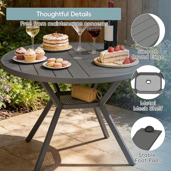 47" Outdoor Patio Table Dining Table, All Weather Metal Round Patio Table with Adjustable Umbrella Hole, Patio Furniture for Lawn Garden Backyard, Grey