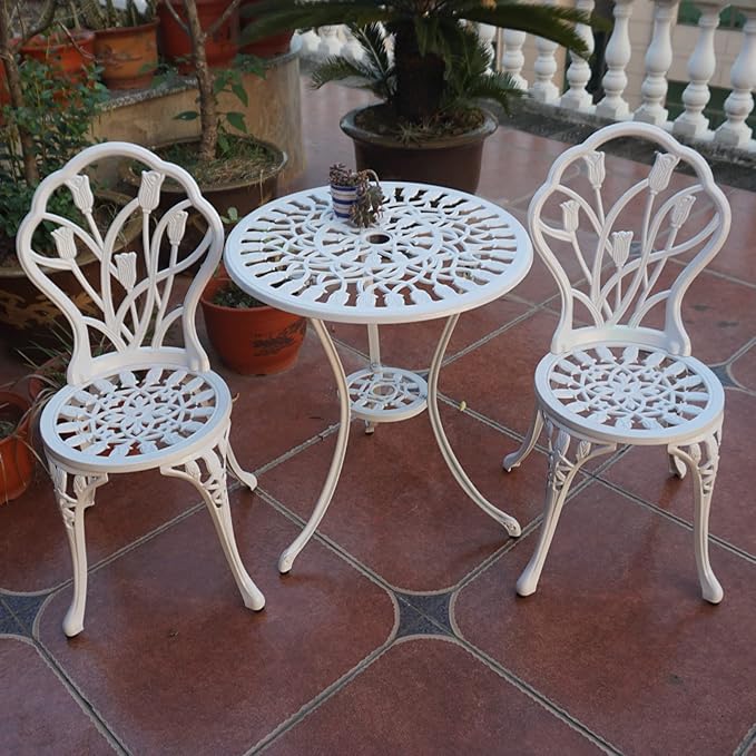 KAILI Patio Bistro Sets 3 Piece cast Aluminum Patio Furniture Outdoor Garden Metal Rust Proof Tables and Chairs White bisrto Set (Tulips-White)