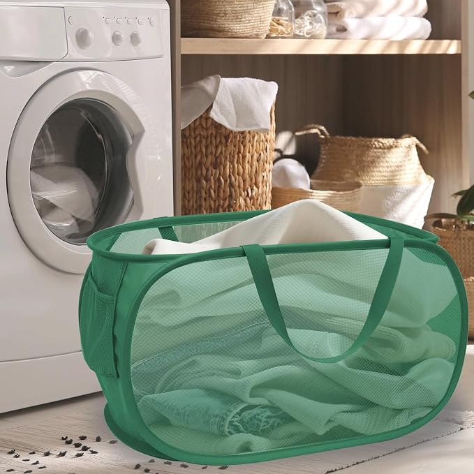 Collapsible Laundry Hamper Basket,Pop Up Mesh Foldable Bag for Laundry Room | folding horizontal laundry durable baskets with handles & side pocket travel for bathroom,Kids room,college dorm(Green)
