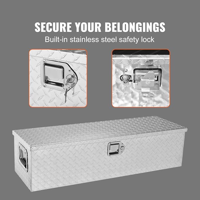 VEVOR Heavy Duty Aluminum Truck Bed Tool Box, Diamond Plate Tool Box with Side Handle and Lock Keys, Storage Tool Box Chest Box Organizer for Pickup, Truck Bed, RV, Trailer, 39"x13"x10", Silver