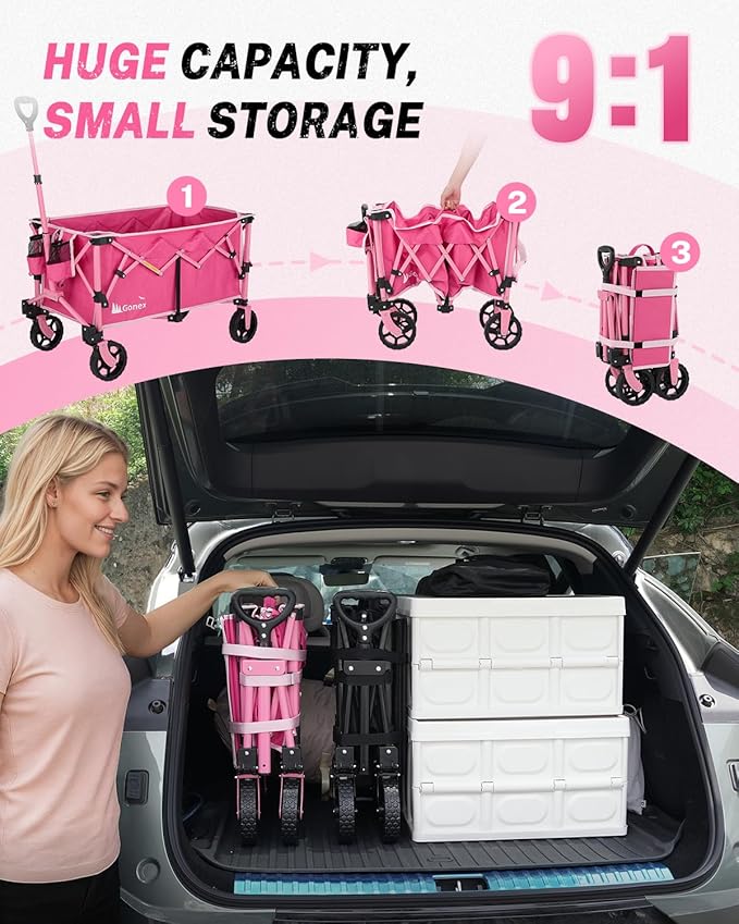 Gonex 220L Collapsible Foldable Wagon Cart with 360lbs Weight Capacity, 38''L Folding Utility Garden Cart with Detachable Wheels for Grocery Sports Shopping Camping - Pink