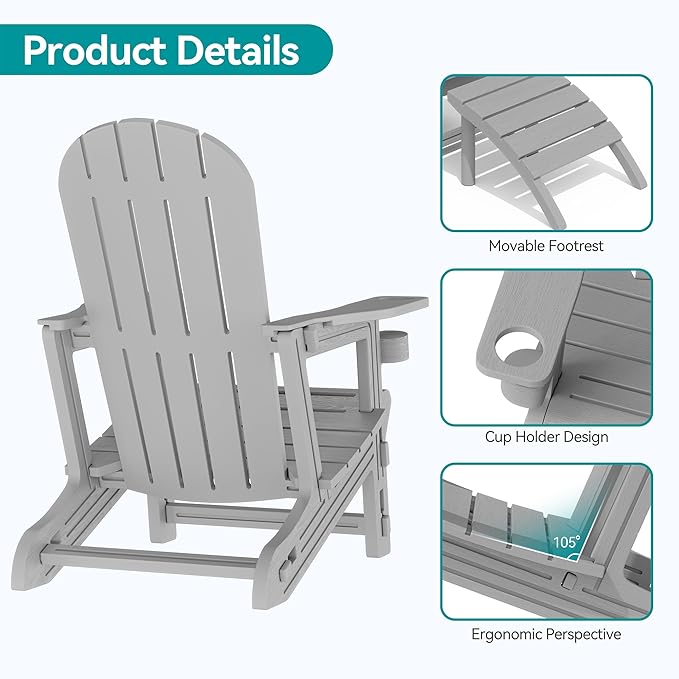 Vongrasig Adirondack Chairs Set of 2 with Removable Tabletop and Footrest, HDPE Plastic Outdoor Chair Set with Wooden Textured, Cup Holder for Patio, Poolside, Garden, Light Grey, 5 Pieces