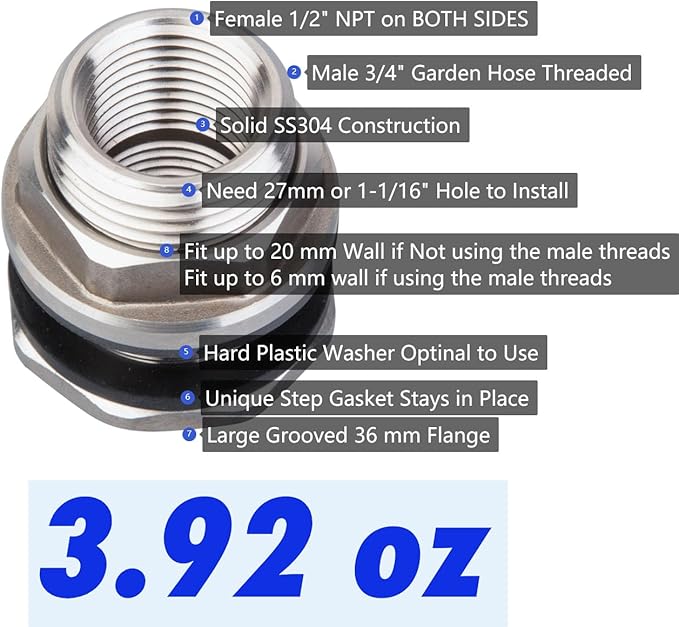 SSBF020 Stainless Steel 304 Bulkhead Tank Fitting (Double Female 1/2” NPT/FIP and Male 3/4" MHT Garden Hose Threaded, w/Step Gasket) (1)