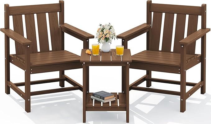 SEWRWALL 3 Pieces Patio Bistro Set, All Weather Adirondack Chair Set with Side Table, HDPE Material Outdoor Patio Furniture Set for Balcony, Porch, Garden, Backyard- Brown