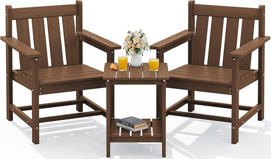 SEWRWALL 3 Pieces Patio Bistro Set, All Weather Adirondack Chair Set with Side Table, HDPE Material Outdoor Patio Furniture Set for Balcony, Porch, Garden, Backyard- Brown