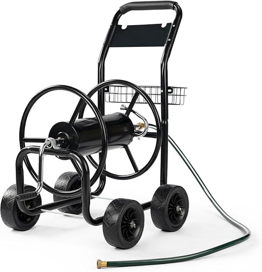 VINGLI 4-Wheel Garden Hose Reel Cart with Storage Basket, Portable Residential Hose Reel Cart, Lawn Watering, for Garden Backyard and Farm