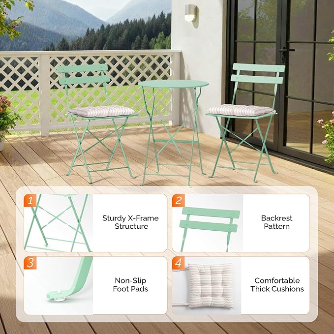 VINGLI Outdoor Folding Bistro Table and Chairs Set of 2, 3-Piece Bistro Set with Premium Steel Frame and Comfortable Cushions for Patio, Balcony, Garden, Porch, Yard, Green