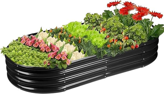 Rakukiri Raised Garden Bed GRS Certified Galvanized Planter Box Outdoor, 5ft Oval Rot-Resistant Metal Garden Bed Planter, Recycled Material Planter for Vegetables Flowers Herbs (Black)