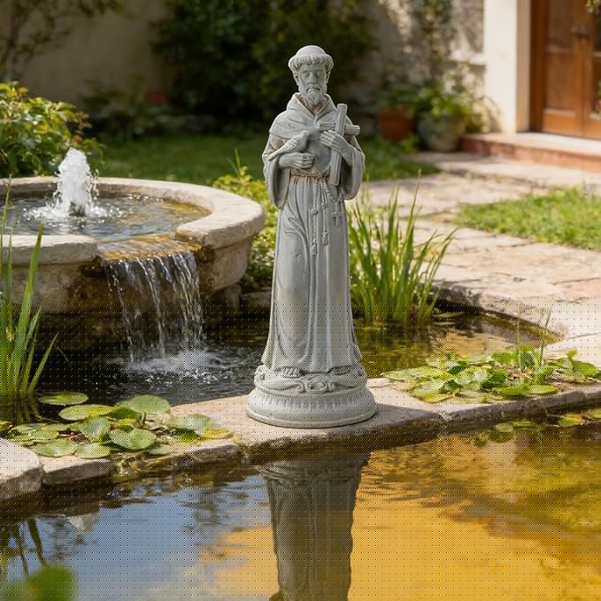 St Francis Garden Statue Outdoor - 24 in Garden Decorations Resin Standing Saint Francis with Cross Antique Finish Spiritual Gifts Religious Sculpture for Yard Lawn Farmhouse Decor Newman House Studio