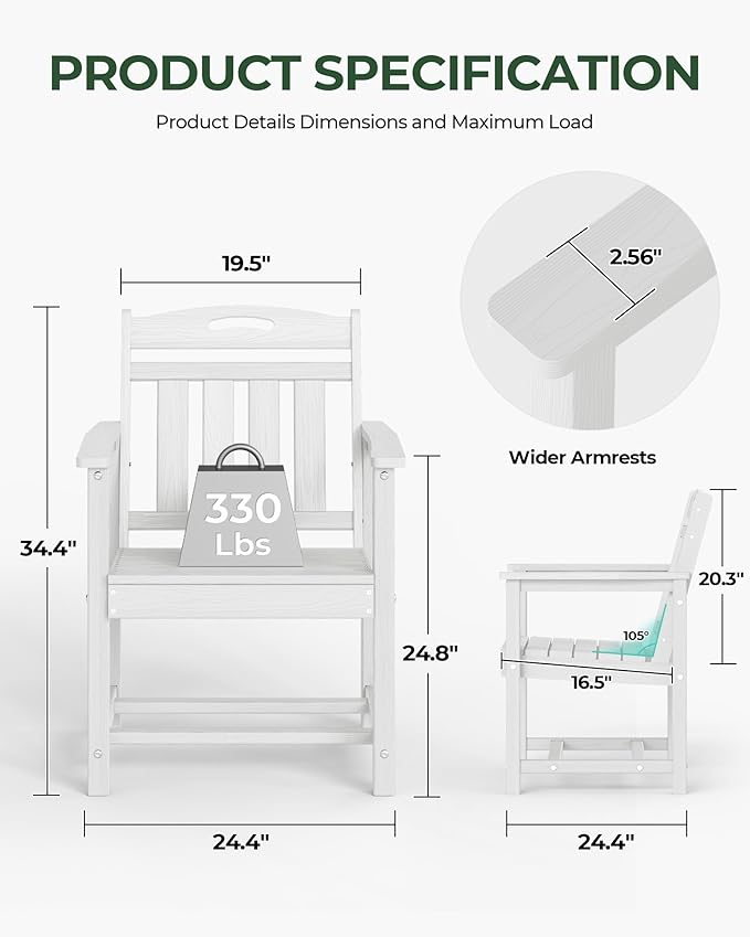 Patio Chairs, HDPE Outdoor Dining Chairs with Wide Seat, All Weather Oversized Porch Chair for Garden, Backyard, Deck - White