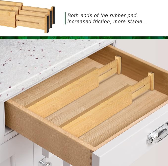 4 Pack Bamboo Drawer Dividers 2.6" High, Adjustable from 12 Inch to 17 Inch