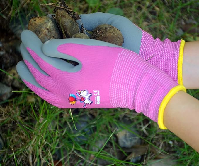 KDK Ages 3-5 Kids Gardening Gloves,Yard Work Gloves for Toddlers, Youth, Girls, Boys, Childrens, Soft Safety Rubber Glove (6 Pairs Green, Blue&Pink, XXXS Age 3-5)