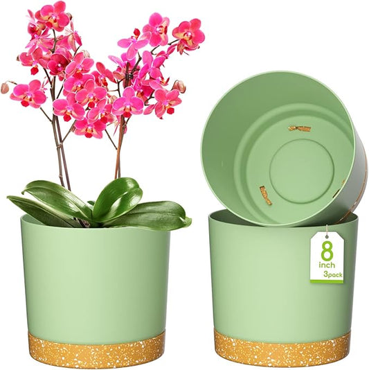 ZMTECH Spring Planters for Indoor Plants, Plant Pots & Flower Pots, Plastic Planter 3 Pack 8 Inch Self Watering with Drainage Hole and Saucer, Modern Decorative Indoor Outdoor, Green