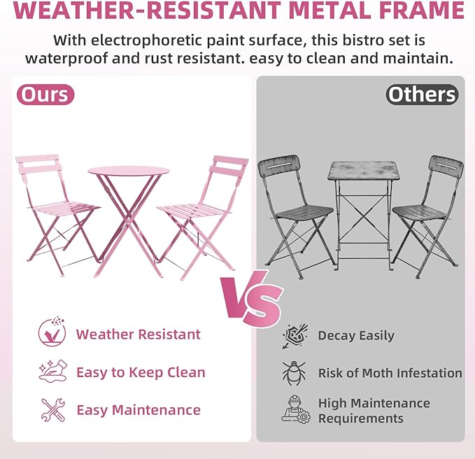 3-Piece Folding Bistro Set, 2 Chairs and 1 Coffee Table, Space Saving Weather-Resistant Frame, Portable Indoor/Outdoor Patio Furniture Conversation Set for Garden Porch Balcony Deck - Pink