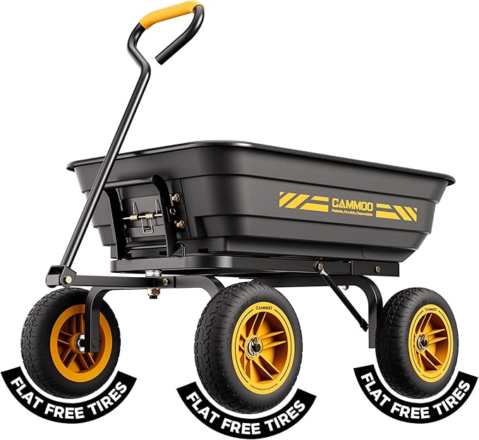 CAMMOO 10-in NO-FLAT TIRES 600lb Heavy-Duty Garden Dump Cart 4 Cu.Ft. Utility Wagon with Quick-Release Dumping & Prime Grade 100% Virgin Polypropylene - Not Recycled Material for Landscaping Gardening