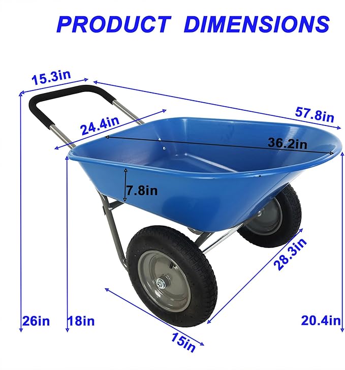 Dual-Wheel Garden Wheelbarrow, 5 Cubic Feet Poly Tray Wheel Barrow with Two 15-Inch Pneumatic Tires, 300 lb Capacity Lightweight Yard Cart for Lawn, Garden, Landscaping & Home Use,Blue