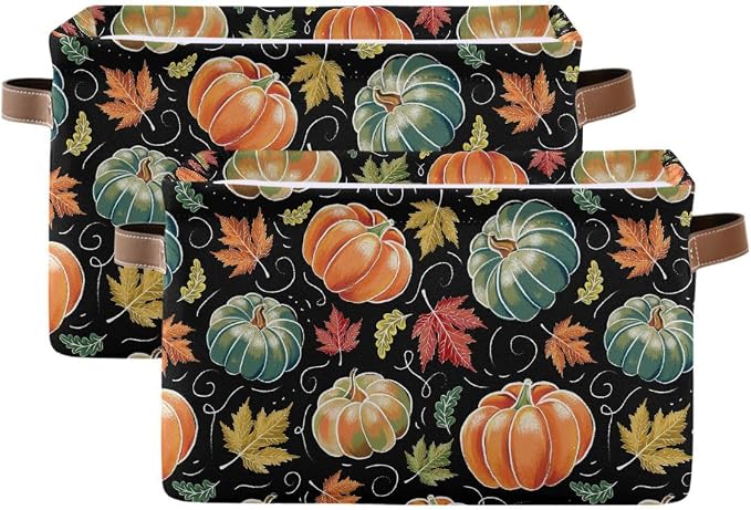 Pumpkin Black Storage Basket Fabric Kitchen Baskets Fall Maple Leaves Autumn Open Home Storage Bins Boxes Foldable Organizer Bag for Baby Cloth Pet Toy Book Shelf Closet Baskets 2 Pack 16×12×8 Inches