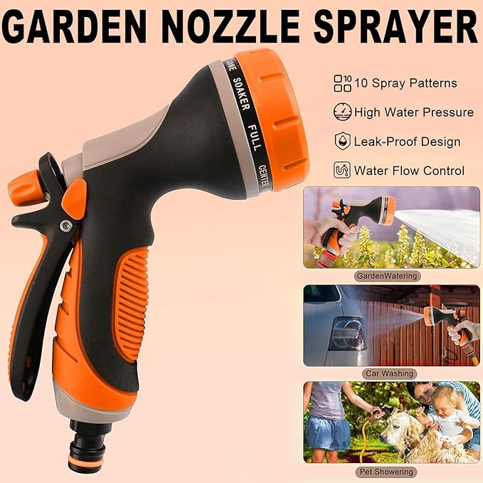 Garden Hose Nozzle with Adjustable 10 Watering Patterns, Water Hose Nozzle Sprayer with Slip Resistant,High Pressure Garden Hose Spray Nozzle for Plants & Lawns Watering,Car Washing and Pet Showering