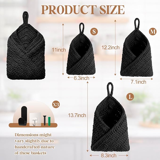 Honeydak 3 Hanging Baskets, Black, Triangle, Cotton Rope | Wicker Wall Baskets with Hooks for Fruit Vegetable Onion Storage, Teardrop Organizer for Kitchen, Boho Farmhouse Decor