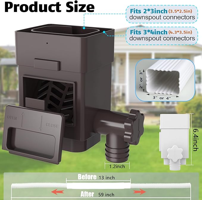 Anivia Rainwater Collection System, Downspout Diverter Fits for 2x3 or 3x4 Inch Standard Downspouts, Rain Barrel Diverter Kit with Adjustable Valve and Filter. 5ft Hose - Brown