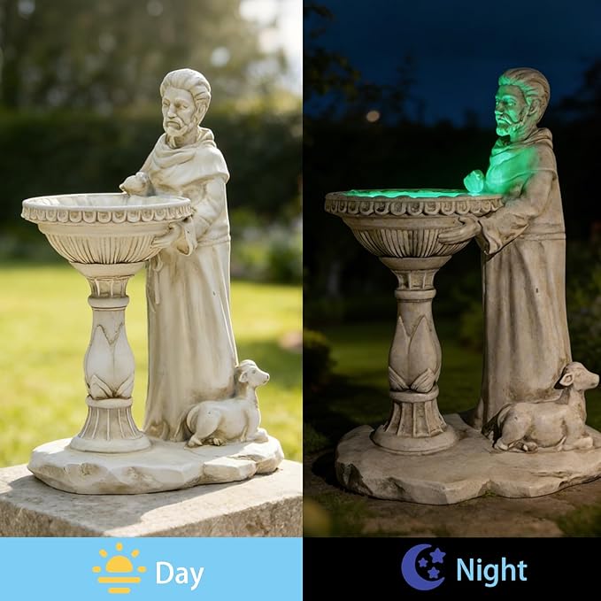 Sheaifun St Francis Garden Statue Outdoor Solar Garden Decor Resin 10.5 Inch Tall Colorful Lights St Francis Statue with Bird Bath Feeder for Yard Patio Lawn Decoration Religious Gardening Gifts
