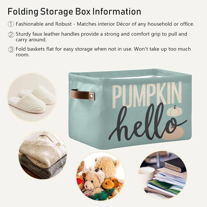 Hello Fall Pumpkin Turquoise Storage Basket with Waterproof Liner and PU Handles Autumn Aqua Blue Storage Bins Boxes 14.2" Collapsible Decorative Organizer Baskets for Bedroom Closet Office 1 Pack