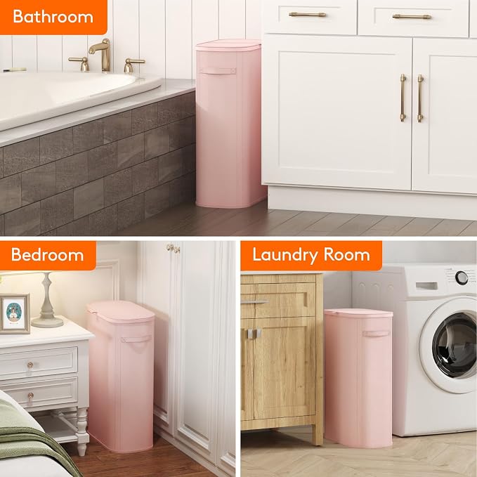 Lifewit Slim Laundry Basket with Lid and Removable Bag, 65L, Pink | Collapsible Narrow Laundry Hamper, Skinny Washing Basket with Plastic Frame, Dirty Clothes Organiser for Laundry, RV, Dorm