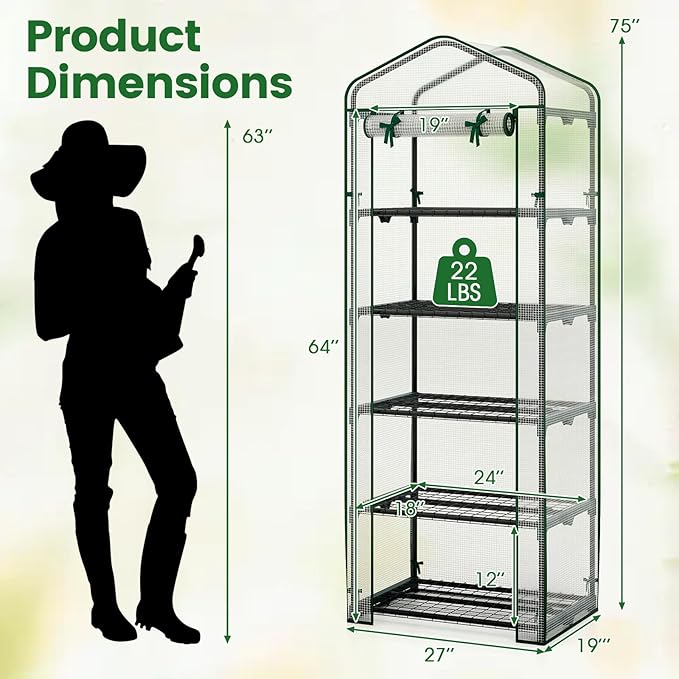 Giantex Mini Greenhouse Indoor Outdoor, 27" x 19" x 75" Portable Plant Grow House with 5 Tier Shelves, PE Cover, Roll-Up Zipper Door, Rustproof Elector-Coating Metal Frame for Patio Balcony Garden