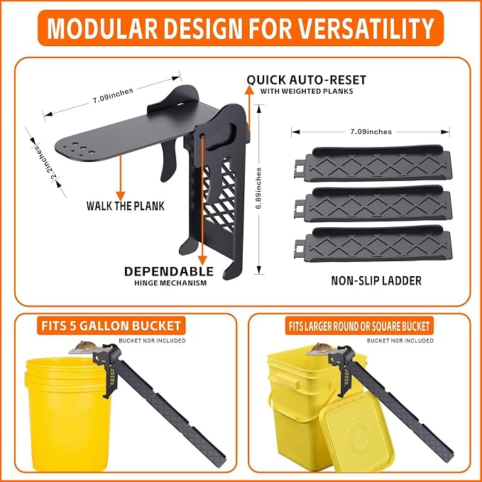 Walk The Plank Mouse Trap for 5 Gallon Bucket, Auto Reset 1 Pack | Continuous multi-catch system with instant auto-reset plank, high sensitivity trigger, fits standard 5-gallon buckets easily