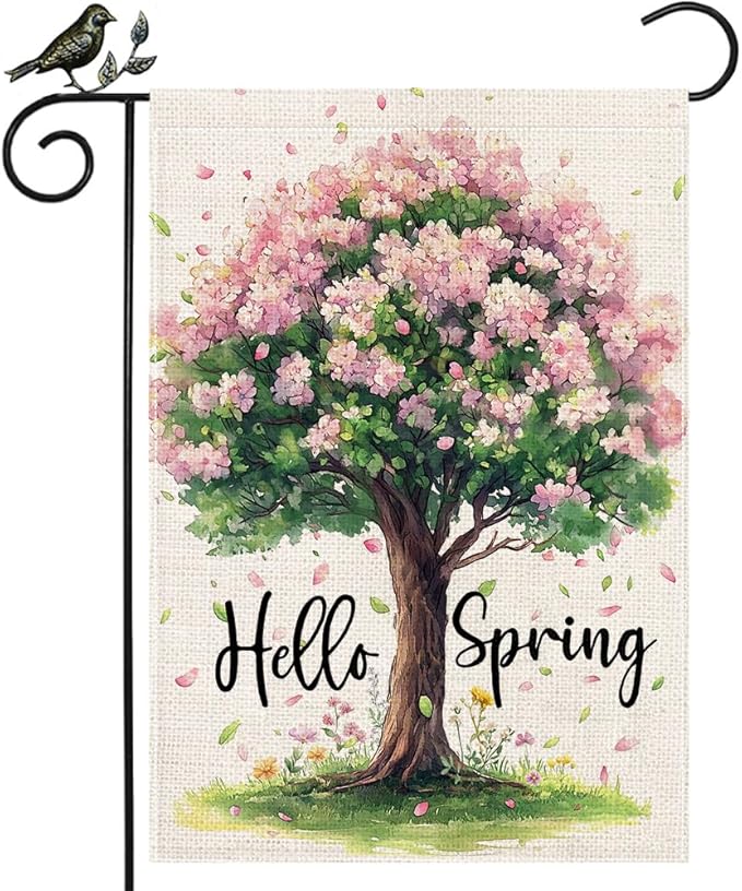 GEEORY Spring Garden Flag 12x18 Inch, Pink Floral Tree Double Sided Spring Summer Small Floral Flag, Farmhouse Rustic Outdoor Decor for Outside Yard Lawn Decoration