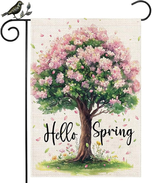 GEEORY Spring Garden Flag 12x18 Inch, Pink Floral Tree Double Sided Spring Summer Small Floral Flag, Farmhouse Rustic Outdoor Decor for Outside Yard Lawn Decoration