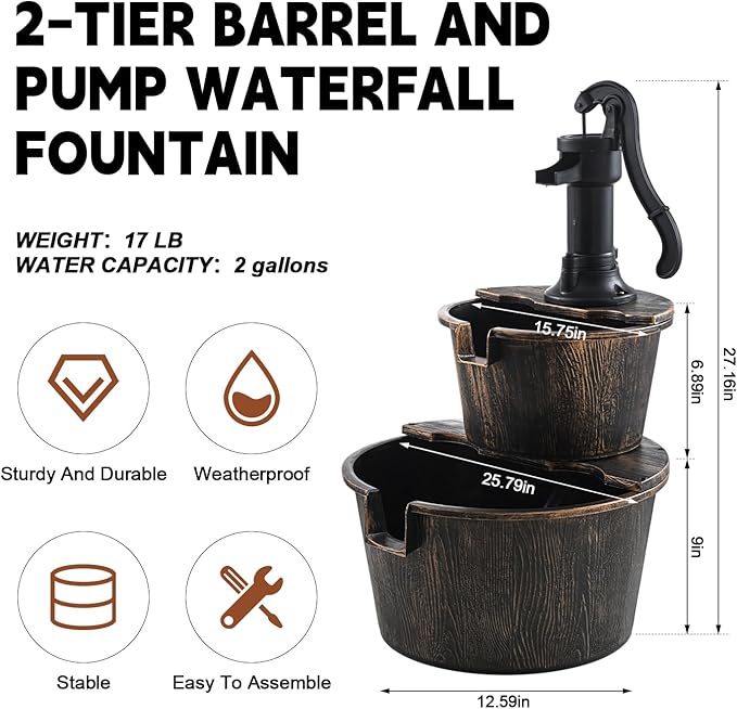 2-Tier Barrel Waterfall Fountain,27-Inch Plastic Outdoor Water Feature with Pump for Garden,Patio and Backyard
