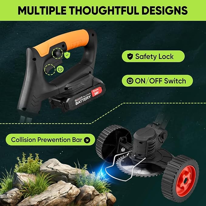 SakerPlus Wireless Weed Cutter, 24V Cordless Electric Grass Trimmer Weed Eater Wacker with 2 Batteries, 3-in-1 Lightweight Brush Cutter/Lawn Mower/Edger with Wheels & for Lawn, Garden & Yard(Black)