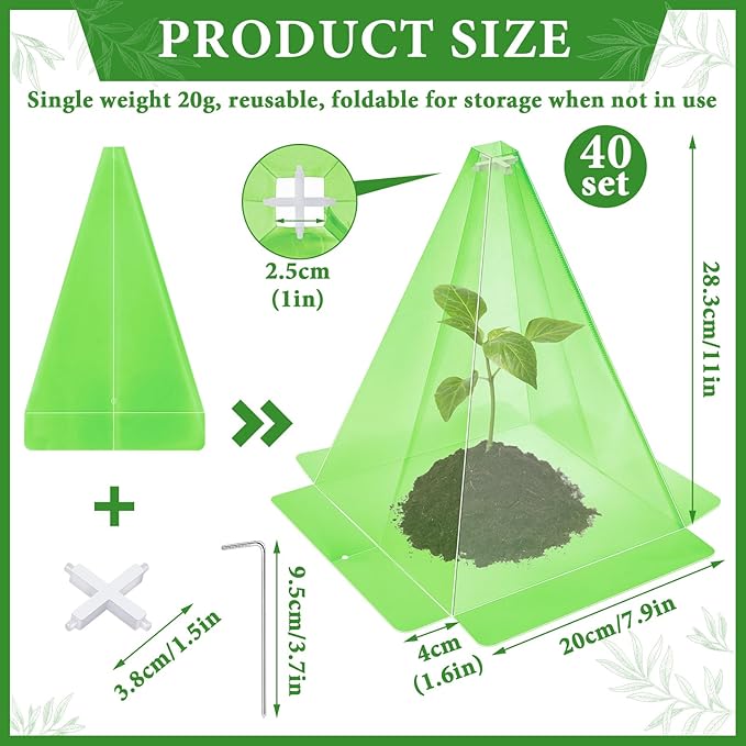 40 Pack Cloches for Plants, 7.8" x 11" Plastic Small Plant Seedling Protector with 80pcs Metal Stakes, Reusable Bell Covers to Protect Plants from Birds, Slugs, Sun, Frost, Freeze Weathe (Green)