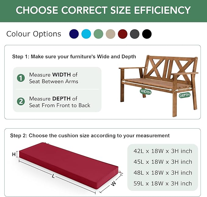 Summsun Outdoor Bench Cushion: Waterproof and Fade Resistant Patio Furniture Cushions - Non-Slip Bench Pad Cushion with Removable Cover for Garden Swing Porch Sofa Settee, 59 x 18 Inch, Burgundy