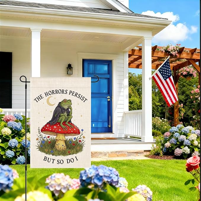 RZHV The Horrors Persist But So Do I Double-Sided Garden Flag for Outdoor House Yard Sign Garden Decor Parade, Funny Flag Frog Horrors Persist Yard Sign, Motivational Mushrooms Outdoor Banner