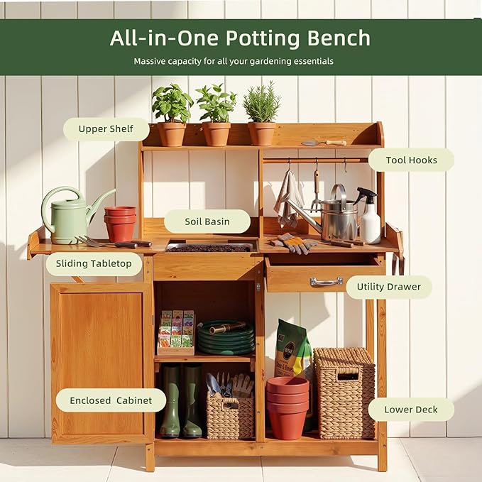 OOOK Potting Bench, Nordic Scots Pine Potting Table with Sink and Storage Shelves, Garden Bench, Workstation for Outside Patio Lawn, Wooden Garden Work Station