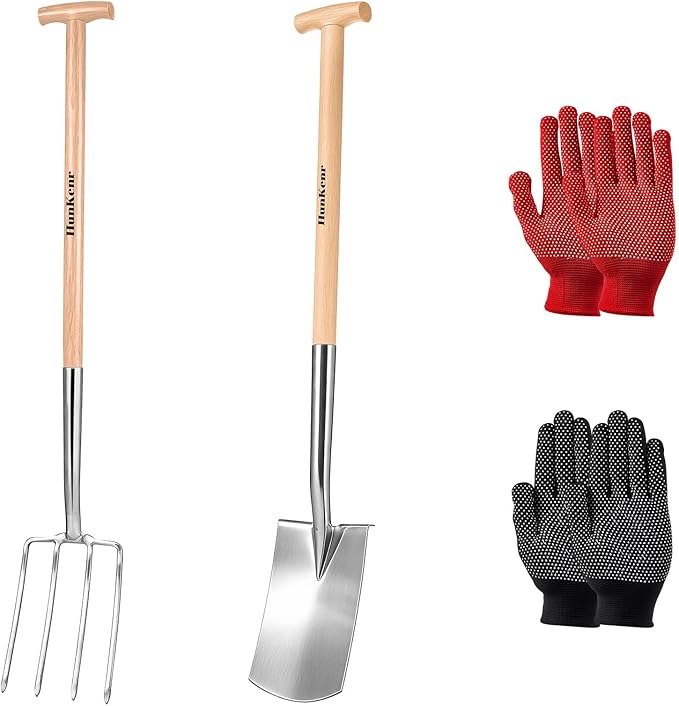 Garden Pitchfork Spade Set, 4-Tine Stainless Steel Pitchfork, 47" Heavy Duty Long Handled Spade with T-Handle/Ergonomic Beech Handle for Digging, Planting, Cultivating, Aerating