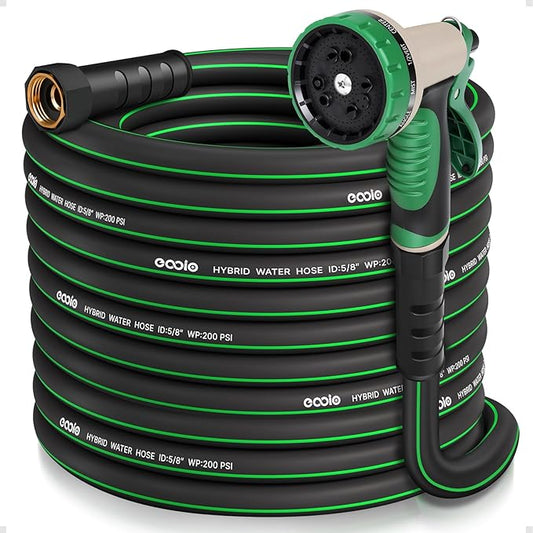 Heavy Duty Garden Hose 50 ft, NON-EXPANDABLE Water Hose with 10 Function Spray Nozzle, Lightweight Kink-less Hybrid Hose with Swivel Handle, Male to Female Fittings