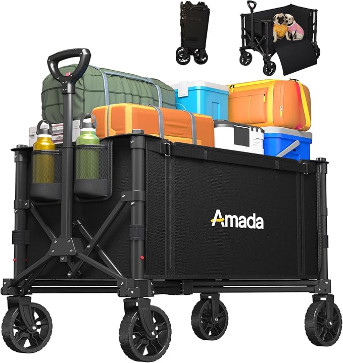 Wagons Carts Foldable, Collapsible Wagon Cart with 220 lbs Max Load and Expandable Storage Space, Heavy-Duty Foldable Wagon Cart with Wheels for Groceries, Shopping, Sport, Beach, Garden and Camping