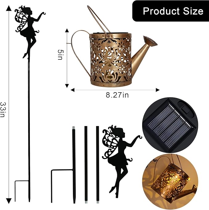 Solar Watering Can with Cascading Lights Outdoor Garden Decor,Waterproof Solar Lantern with Fairy Shepherd Hook,Solar Fairy Lights Outdoor Decoration,Unique Garden Gifts for Women