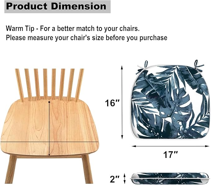 DYTXIII Set of 2 Outdoor Chair Cushions with Ties,Water Repellent Patio Chair Pads 17"x 16" for Outdoor Furniture,Round Corner Seat Cushions for Garden Yard Kitchen Palm Blue
