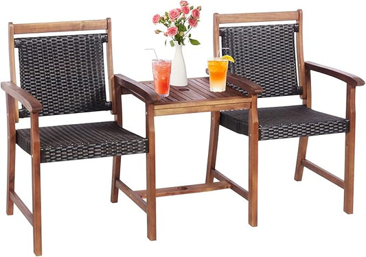 Tangkula Acacia Wood Garden Bench, Patiojoy Rattan Companion Loveseat Chair with Coffee Table and Parasol Hole, 2-Seater Outdoor Conversation Furniture Set for Backyard, Poolside, Balcony (Brown)