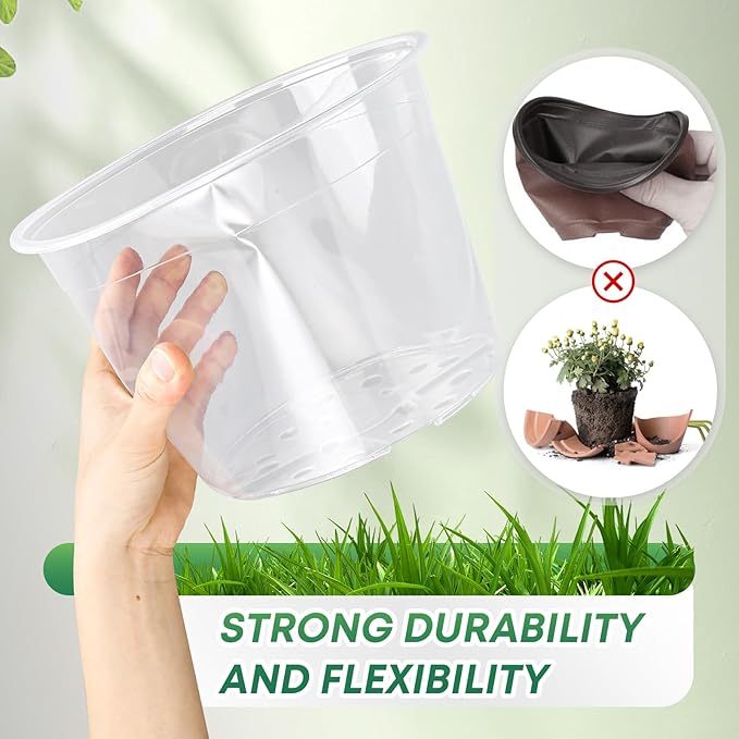 5 Pack 12 Inch Large Clear Nursery Pots with Drainage Hole, Plastic Plant Pots for Seedlings Flowers Vegetable, Indoor Outdoor Gardening, Used as Liners Inside Decorative Pots (12 Inch)