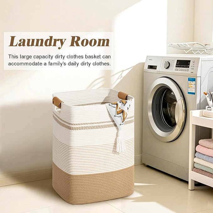 Laundry Hamper, 105L Tall Laundry Basket with Leather Handles, Rectangle Large Clothes Hamper for Organizing, Cotton Woven Laundry Baskets Storage Hampers for Bedroom, Nursery, Living Room