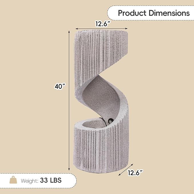 Modern S-Shaped Outdoor Fountain with LED Light, 40” Tall Spiral Column Waterfall Feature with Flat Top for Plant Display, Decorative Water Fountain for Garden, Patio